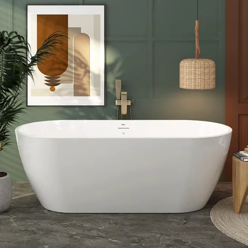 Vista 33 de FerdY Bañera independiente de acrílico Bali de 47 pulgadas, bañera independiente con forma elegante, certificado cUPC, drenaje dorado cepillado
