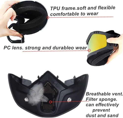 Vista 6 de LJDJ Gafas de motocicleta con máscara extraíble – Gafas de motocross ATV Anti-UV ajustables MX Riding Offroad Ciclismo Moto Gafas protectoras Racing