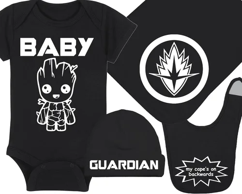Vista 11 de Baby Groot - Mameluco de superhéroe para bebé, sombrero, manta, combinaciones de paquetes de babero