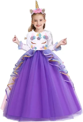 Vista 7 de Vestido de princesa de tul para niñas, disfraz de unicornio de manga larga, fiesta de cumpleaños, boda, Navidad, Halloween con diadema # Multicolor