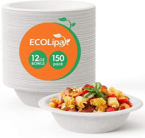 Vista 8 de ECOLipak - Paquete de 150 cuencos de papel desechables compostables naturales de 12 onzas para ensalada Resistente, biodegradable, hecho de bagazo