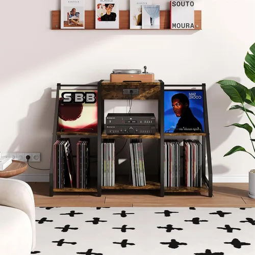 Vista 9 de HavenlyYouth Soporte para tocadiscos, mesa de tocadiscos con tomas de corriente y luz LED, capacidad para hasta 300 álbumes, soporte