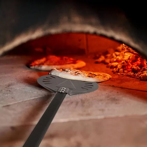 Vista 5 de Pela de torneado de pizza de 9 pulgadas, cepillo perforado para pizza, rastrillo de cenizas, 4 piezas, horno de pizza comercial de leña, kit