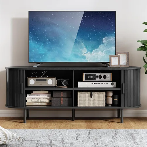 Vista 5 de Soporte de TV de 55 pulgadas con toma de corriente, consola multimedia moderna con puertas correderas, centro de entretenimiento para televisores