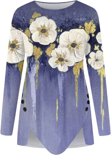Vista 2 de FlekmanArt Sudadera para mujer de manga larga plisada con botones, dobladillo irregular, cuello redondo, blusas sueltas casuales