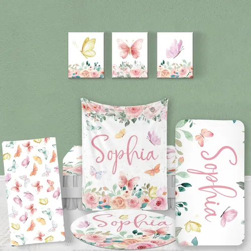 Vista 25 de Juego de ropa de cama de bebé personalizado, ropa de cama de elefante rosa para bebé, manta de bebé, sábana bajera ajustable, funda cambiadora