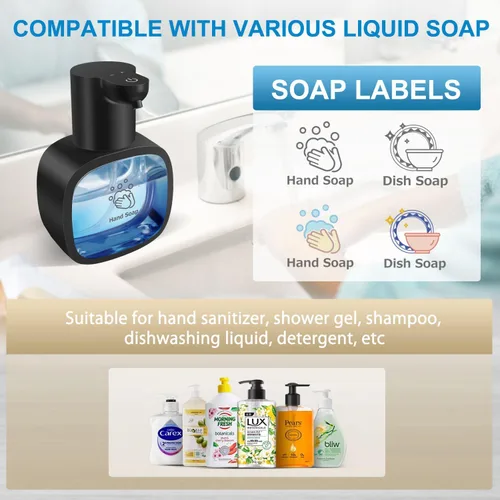 Vista 6 de Dispensador Automático de Jabón Líquido con Capacidad de 500ml / 17oz, Dispensador de Jabón Sin Tocar con Ajuste de 4 Niveles, Recargable, Montado