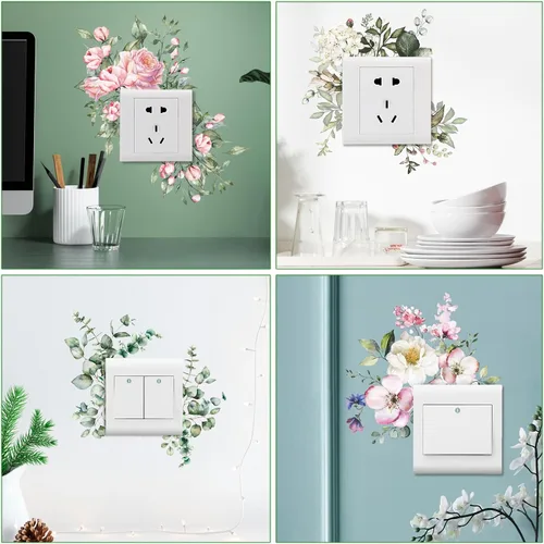 Vista 3 de 4 calcomanías extraíbles para interruptor de flores, plantas frescas, peonía, hoja de rosa, decoración de enchufe, cubierta de interruptor de luz