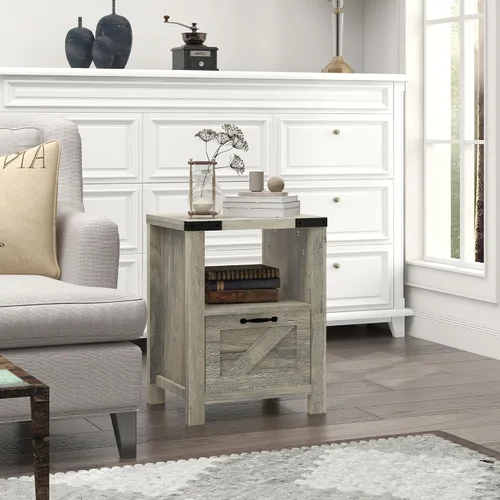 Vista 2 de HOMCOM Mesa auxiliar de granja, armario auxiliar rústico con almacenamiento, mesa auxiliar pequeña con cajón, mesa de efecto madera para sala