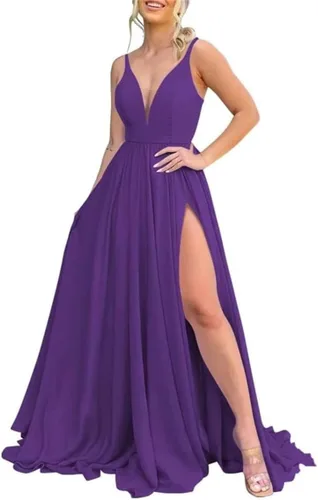 Vista 34 de Vestidos largos de dama de honor para mujer, con abertura, cuello en V, vestido de fiesta formal para boda
