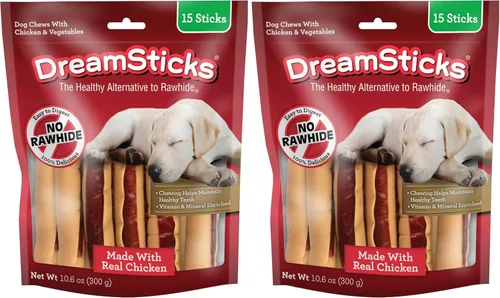 Vista 12 de DreamBone DreamSticks con sabor real a tocino y queso, palitos masticables para perros sin cuero crudo (paquete de 30)