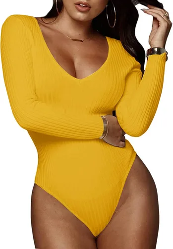 Vista 5 de GEMBERA Body de manga larga con cuello en V profundo para mujer, de punto acanalado, ajustado, básico Negro