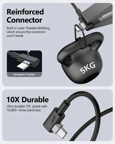 Vista 6 de SUNGUY Cable USB C a USB C de 6 pulgadas [2 unidades], ángulo recto de 0.5 pies, 90 grados tipo C a C, 60 W, PD de carga rápida, compatible