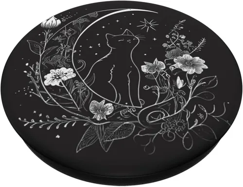 Vista 2 de Cat Sitting On Crescent Moon Flowers Stars Drawing PopSockets intercambiables PopGrip