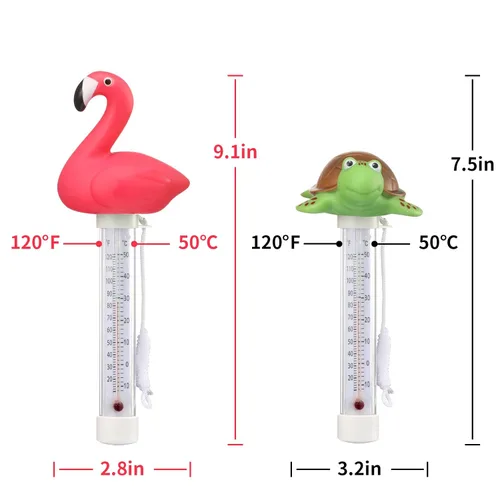 Vista 4 de Paquete de 2 termómetros flotantes para piscina, diseño de flamenco y tortuga, tamaño grande, lecturas fáciles y precisas para temperatura del agua