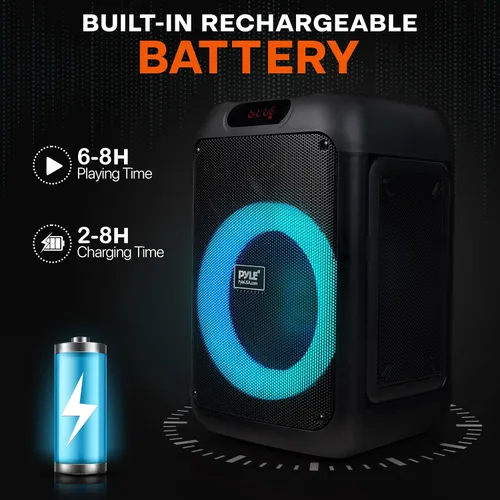 Vista 2 de Pyle Altavoz portátil Bluetooth para fiestas con woofer de 8 pulgadas, función TWS, batería recargable de 100W, entrada de micrófono, eco, control