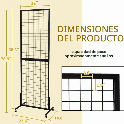 Vista 3 de Paneles de pared de rejilla de 1.8 x 5.7 pies, rejilla de alambre de pie, estante de exhibición con ruedas base en T, panel de rejilla independiente