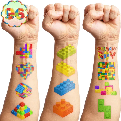 Vista 6 de 96 tatuajes temporales precortados de bloques de construcción, bonitos recuerdos de fiesta para niños, niños y niñas, suministros para fiestas