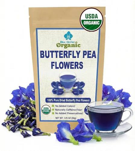 Vista 8 de Flores orgánicas de guisantes de mariposa, té azul de hojas sueltas de hierbas saludables, colorante natural para alimentos, sin cafeína, 1.75 onzas