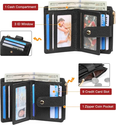 Vista 5 de GOIACII - Cartera pequeña para mujer de cuero genuino con bloqueo RFID, bolsillo con cremallera, plegable, tarjetero con ventana