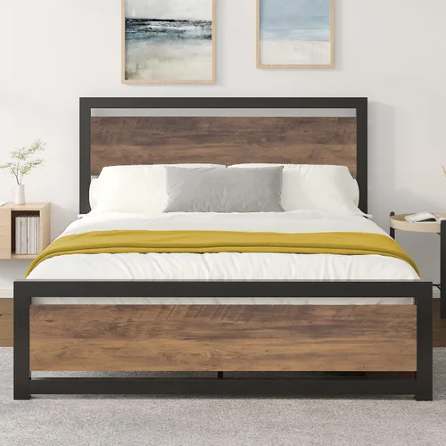 Vista 10 de ikalido Base de cama de plataforma de metal completo con cabecero y estribo de madera, soportes fuertes de metal resistente, base de colchón,