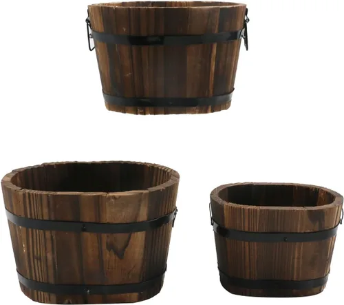 Vista 2 de MY MIRONEY - Juego de 3 macetas ovaladas de madera, tamaño pequeño, mediano y grande Cubo de madera de estilo vintage Jardín rústico maceta