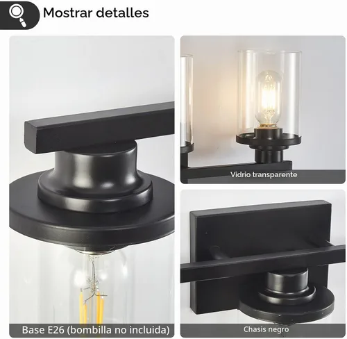 Vista 5 de 3 Luces Negras para Tocador de Baño con Pantalla de Vidrio Transparente, Apliques de Pared Modernos de Iluminación para Baño Sobre Espejo