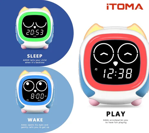 Vista 7 de iTOMA Owl - Reloj de entrenamiento para dormir y despertar para niños, con luz nocturna, ruido blanco, Bluetooth y alarma