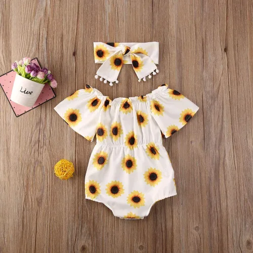 Vista 6 de Bebé Niña Ropa De Hombro Fuera De Girasol De La Piña De Impresión Mameluco Mono De Borla Diadema De Sunsuit Conjunto