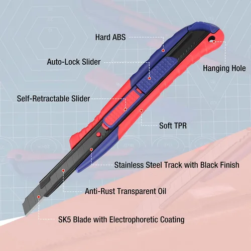 Vista 4 de WORKPRO Cuchillo utilitario de seguridad 2 en 1, hoja retráctil a presión, juego de cortador de caja de metal, cuchillos de afeitar Exacto