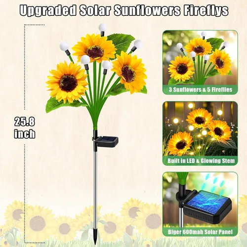 Vista 3 de Luces Solares de Girasol para Jardín al Aire Libre, Decoración Mejorada de 4 Pack de Girasoles Solares con Luces de Luciérnaga, Impermeables