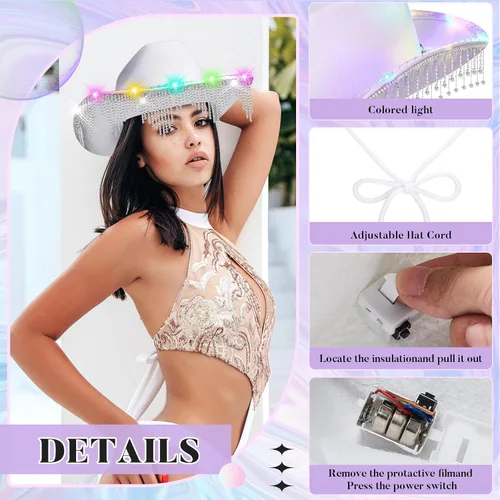 Vista 3 de Sombrero de vaquera con diamantes de imitación, sombrero de vaquero con flecos, sombrero occidental con purpurina para hombres y mujeres, disfraz