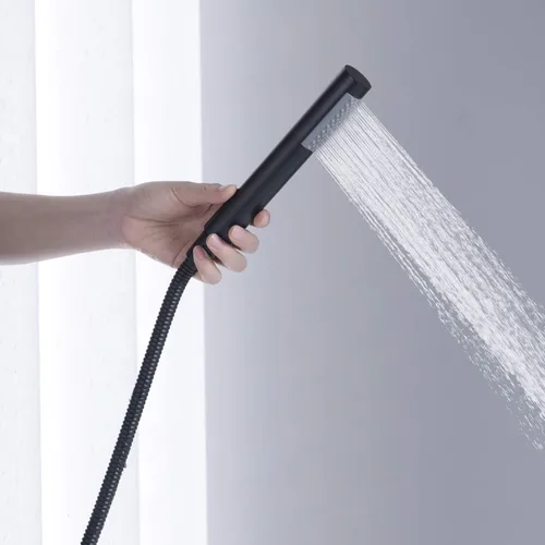 Vista 6 de Grifo de bañera independiente Llenador de bañera Grifos de latón de montaje en piso negro con ducha de mano