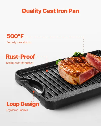 Vista 5 de VEVOR Parrilla/plancha reversible, plancha de hierro fundido pre-sazonada de 14 x 8.5 pulgadas, sartén rectangular portátil con asa, utensilios