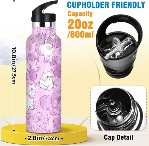 Vista 2 de Art Exotic Shorthair Cats Pink Double Wall Vacuum Insulated Bottles Water Bottles With Straws Leak-proof BPA-Free Leak Proof for Gym Sports