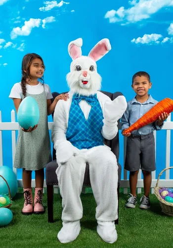 Vista 3 de Disfraz de conejo de Pascua para adultos grandes y altos, traje de mascota de conejo de 6 piezas, máscara, chaleco, pajarita, fundas para zapatos