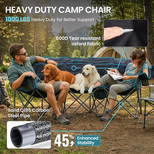 Vista 5 de FUNDANGO Silla de Camping Extra Ancha para 3 Personas para Adultos con Hielera, Sofá de Campamento de Servicio Pesado de 1000 LBS de Tamaño Grande
