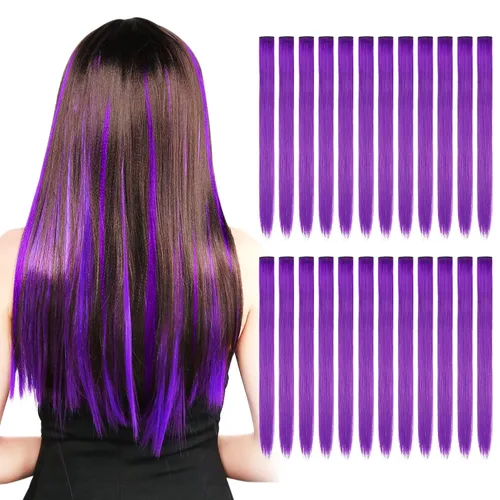 Vista 10 de Kyerivs 48 extensiones de cabello con clip de colores, regalo para niñas, extensiones de cabello arcoíris de 20 pulgadas para niñas, accesorios