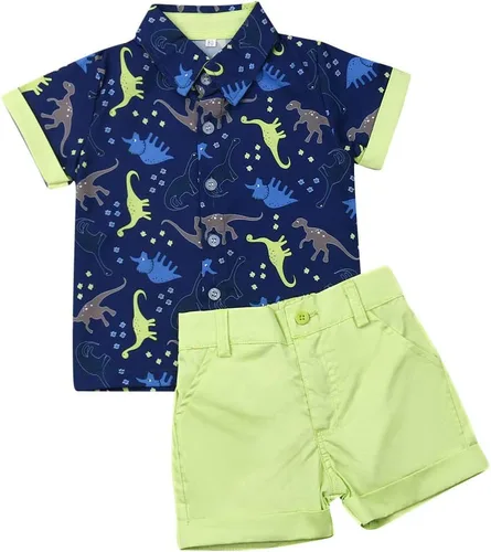 Vista 103 de Conjunto de camisa de manga corta con botones y pantalones cortos casuales con diseño de flamingo, para bebés y niños de 1 a 6 años, atuendos