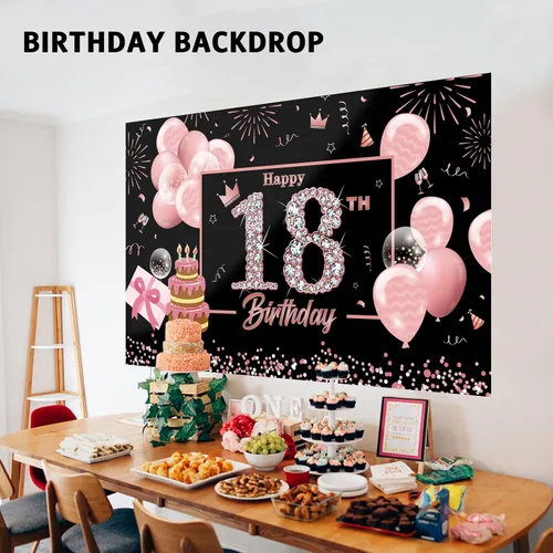 Vista 2 de Pancarta de fondo de cumpleaños número 18, color negro y rosa, 5.9 x 3.6 pies, fondo de cabina de fotos para niñas, adolescentes, fiestas de género