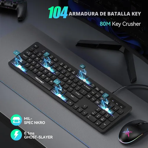 Vista 2 de TECKNET Teclado con cable, escritura silenciosa, diseño de tamaño completo