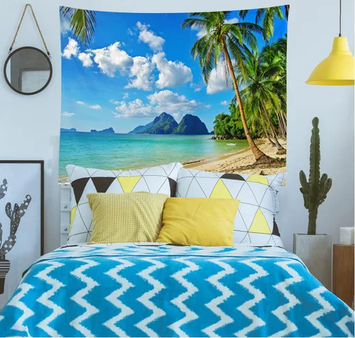 Vista 3 de Loccor Tapiz de playa tropical, isla costera, palmeras, olas, tapiz de pared de verano, paraíso hawaiano, paisaje para colgar en la pared, hippie