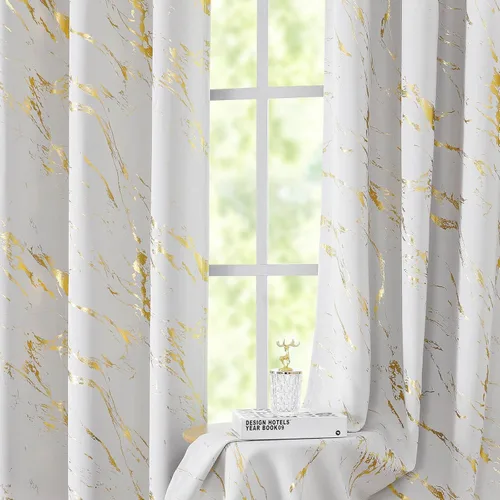 Vista 20 de WUBODTI Cortinas 100% Opacas de Mármol Beige de 63 Pulgadas de Largo 2 Paneles, Cortina Corta con Ojales de Impresión de Lámina Dorada Moderna