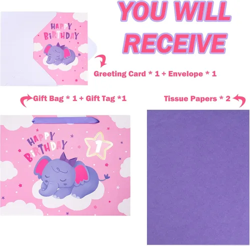 Vista 3 de WRAPAHOLIC Bolsa de regalo grande de 13 pulgadas con tarjeta y papel de seda, adorable bolsa de regalo de elefante para bebé, baby shower, fiesta