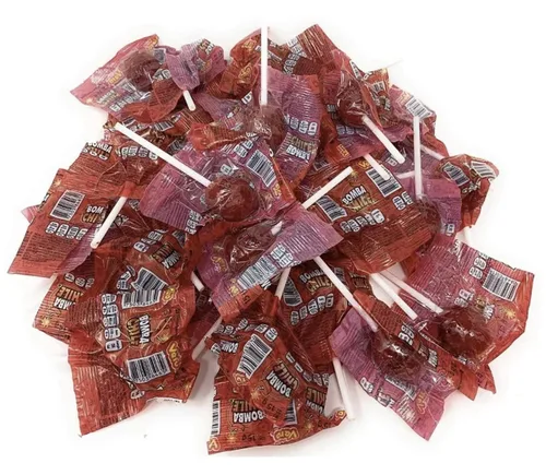 Vista 3 de Mexican Candy Vero Lollipop Bomba Chile sabor fresa y relleno de polvo de chile, 40 piezas