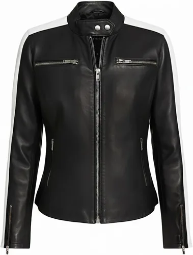 Vista 2 de Womens Racing Style Black Lambskin Leather Jacket - Cafe Racer Retro Biker White Stripes Vintage Motorcycle Jacket