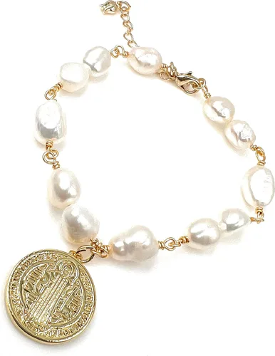 Vista 4 de San Benito - Pulsera de perlas barrocas con medalla chapada en oro de 18 quilates para mujer joyería de moda M Vidrio Chapado en oro