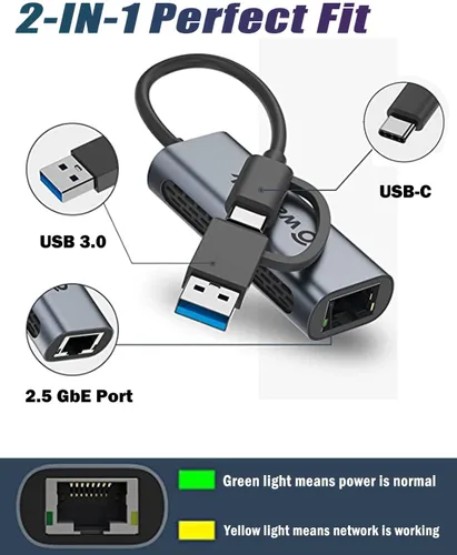 Vista 2 de Adaptador Wavlink USB C a Ethernet de 2.5 Gbps, adaptador USB 2 en 1 a Ethernet 2.5G, convertidor de red USB-C a RJ45