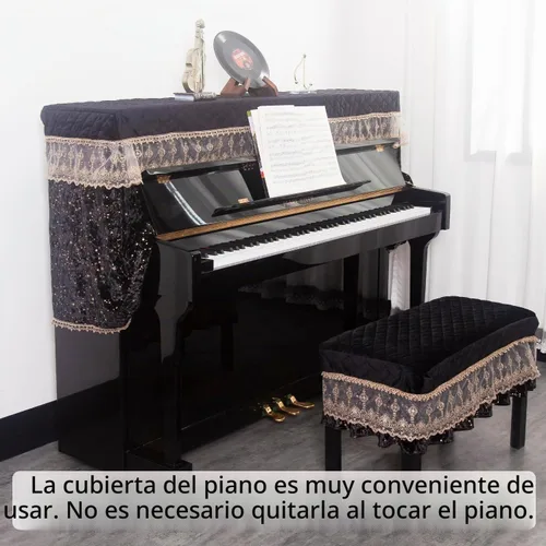 Vista 7 de Funda de terciopelo de lujo para pianos verticales, color negro con estrellas doradas y ribete de encaje, parte superior acolchada