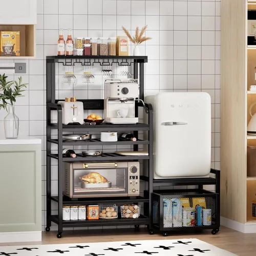 Vista 2 de Mini soporte para refrigerador con toma de corriente, soporte para microondas con estante para vino, barra de café con cestas de almacenamiento